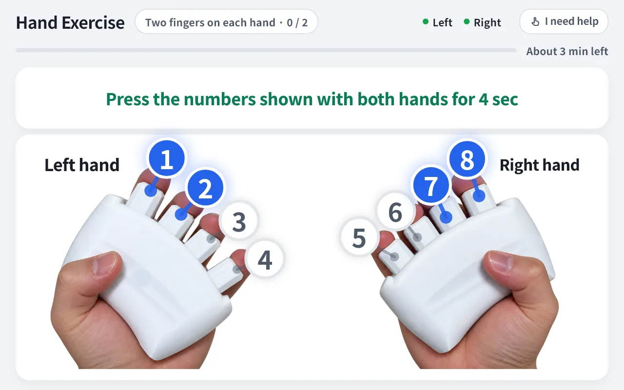 Rehaptic tablet app, hand exercise screen: two hands holding the haptic grips, with finger numbers
