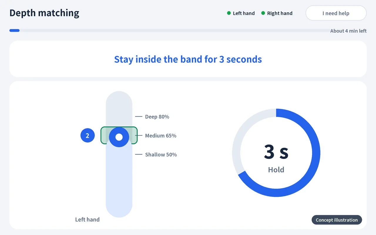 Depth matching, concept illustration: stay for 3 seconds inside the band on the bar