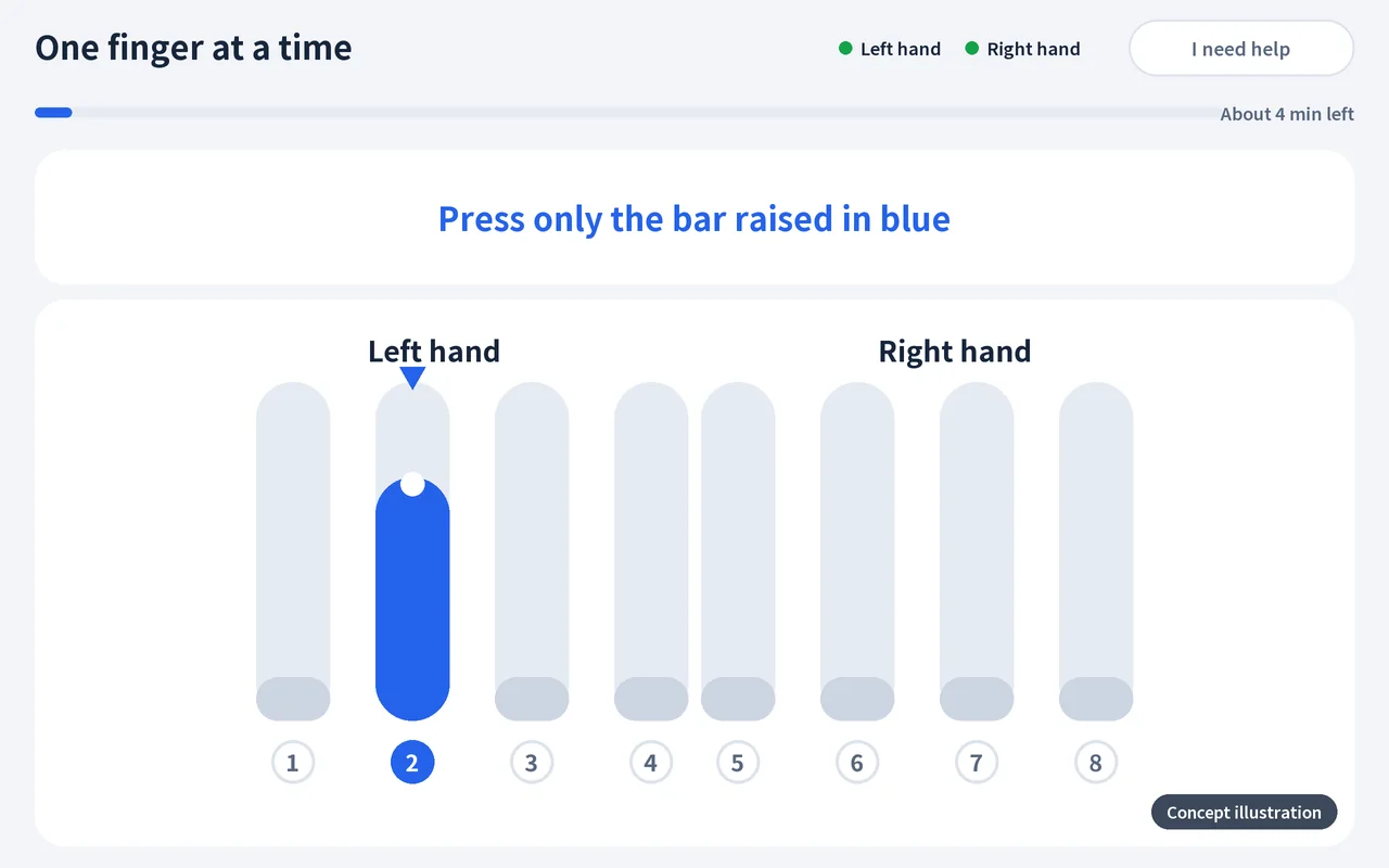 One finger at a time, concept illustration: press only the one bar raised in blue out of eight