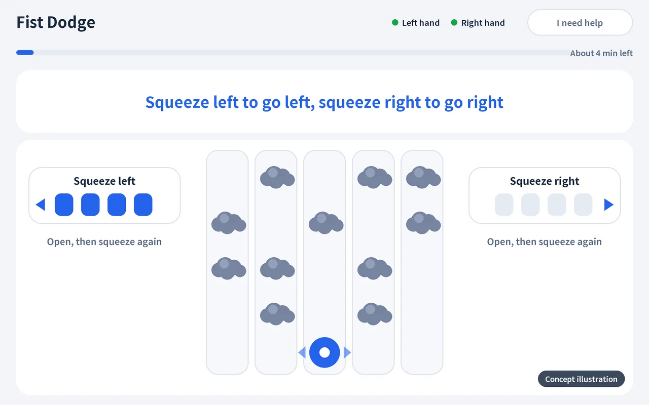 Fist Dodge, concept illustration: squeeze the left hand to move left, the right hand to move right, and dodge the dark clouds