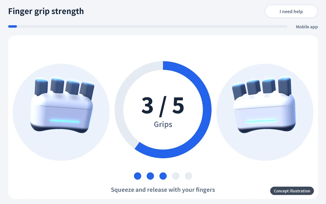 Finger grip-strength exercise, concept illustration: a circular gauge shows the number of grips