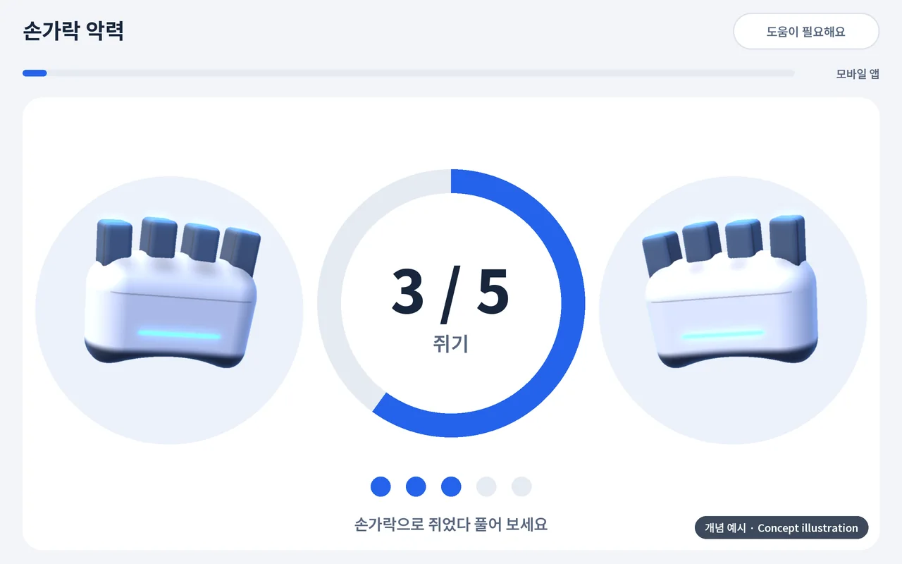 손가락 악력 훈련 개념 예시: 쥐는 횟수를 원형 게이지로 보여 줍니다