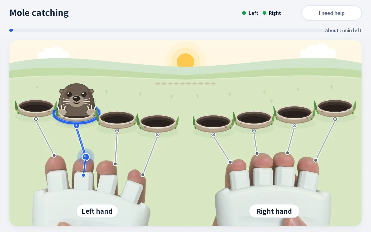 Mole catching screen: a mole pops up from a hole and you press that finger